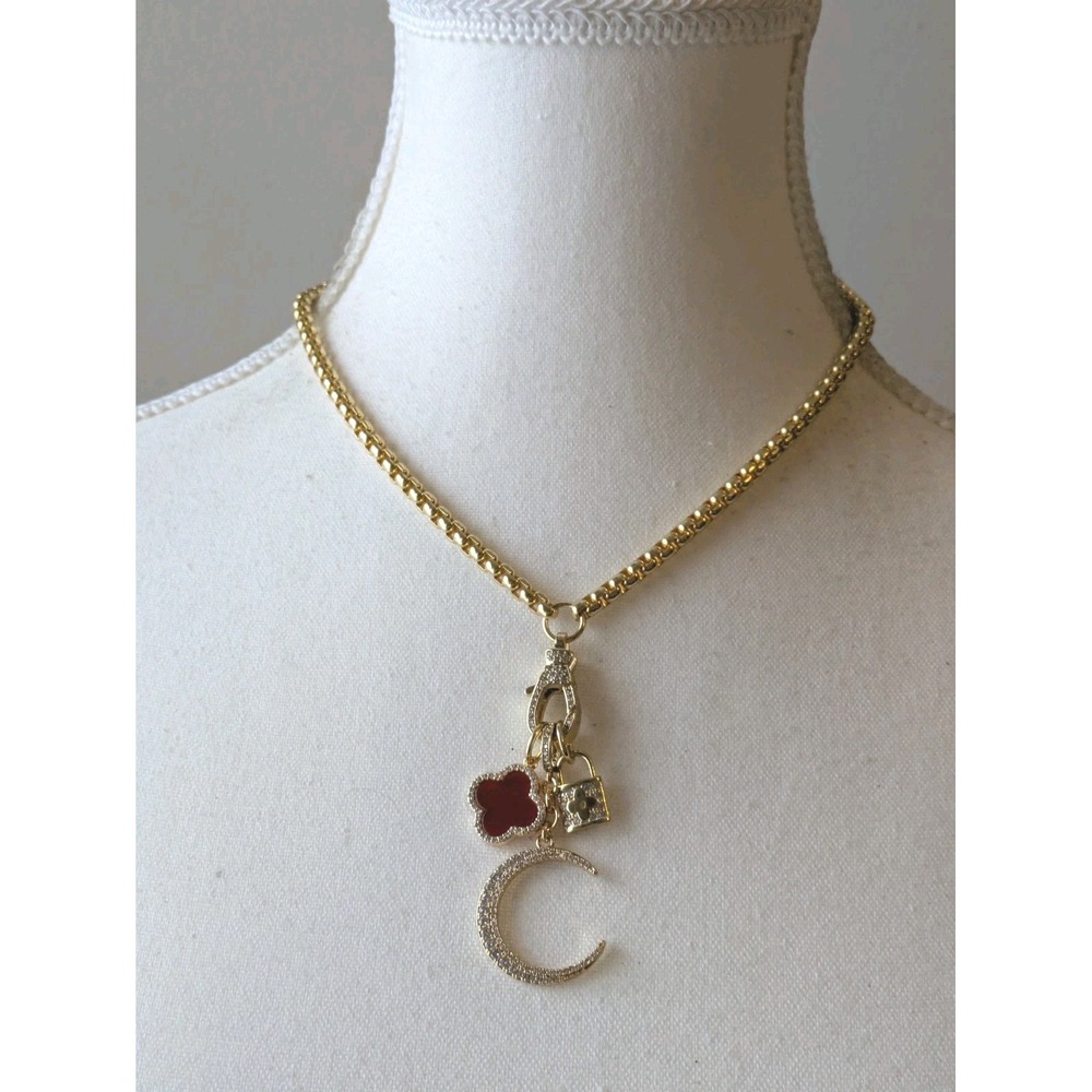 Gold Tone Charm Necklace With Rhinestones Crescent Moon Clover Lock Eclectic